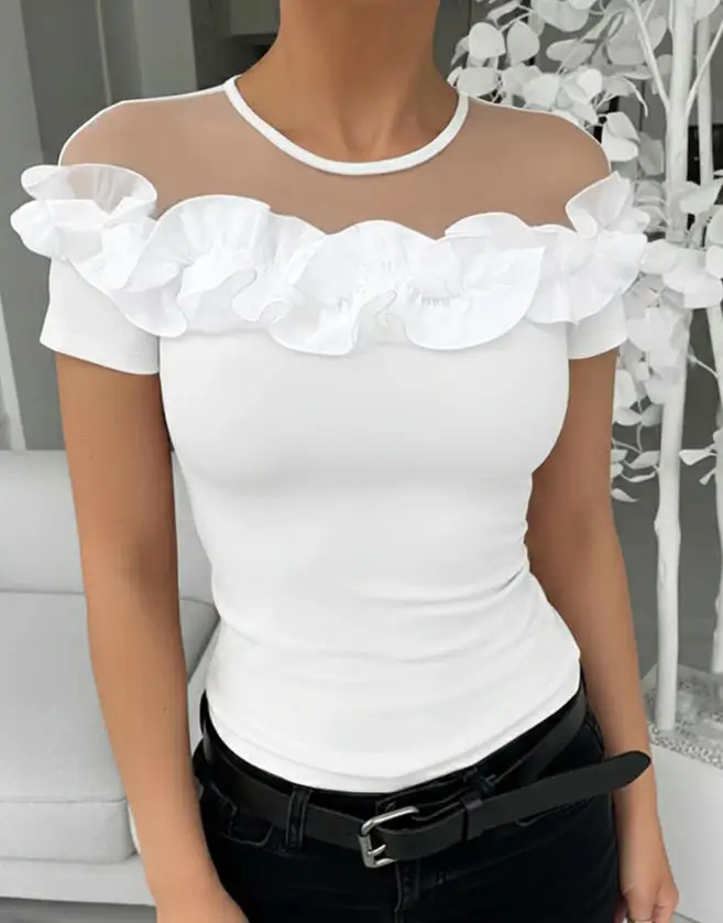 Top Women 2026 Spring Summer New Solid Color Short Sleeve Round Neck Sheer Mesh Spliced Ruffles Design Casual Tee Slim Fit Top