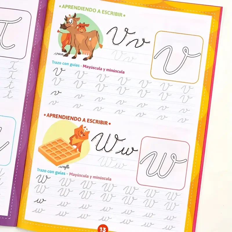 16 صفحة أبجدية ABC كلمات البصر مخطوطة ممارسة الكتابة اليدوية الخط الإسباني للأطفال والكبار