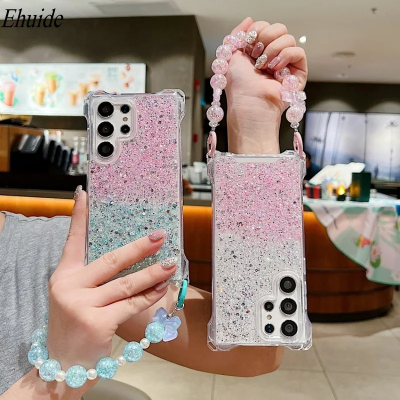 

Drop Glue Glitter Strap Case For Samsung Galaxy S24 Ultra S22 S23 Plus A55 A54 A15 Butterfly Crystal Bracelet Four Corners Cover