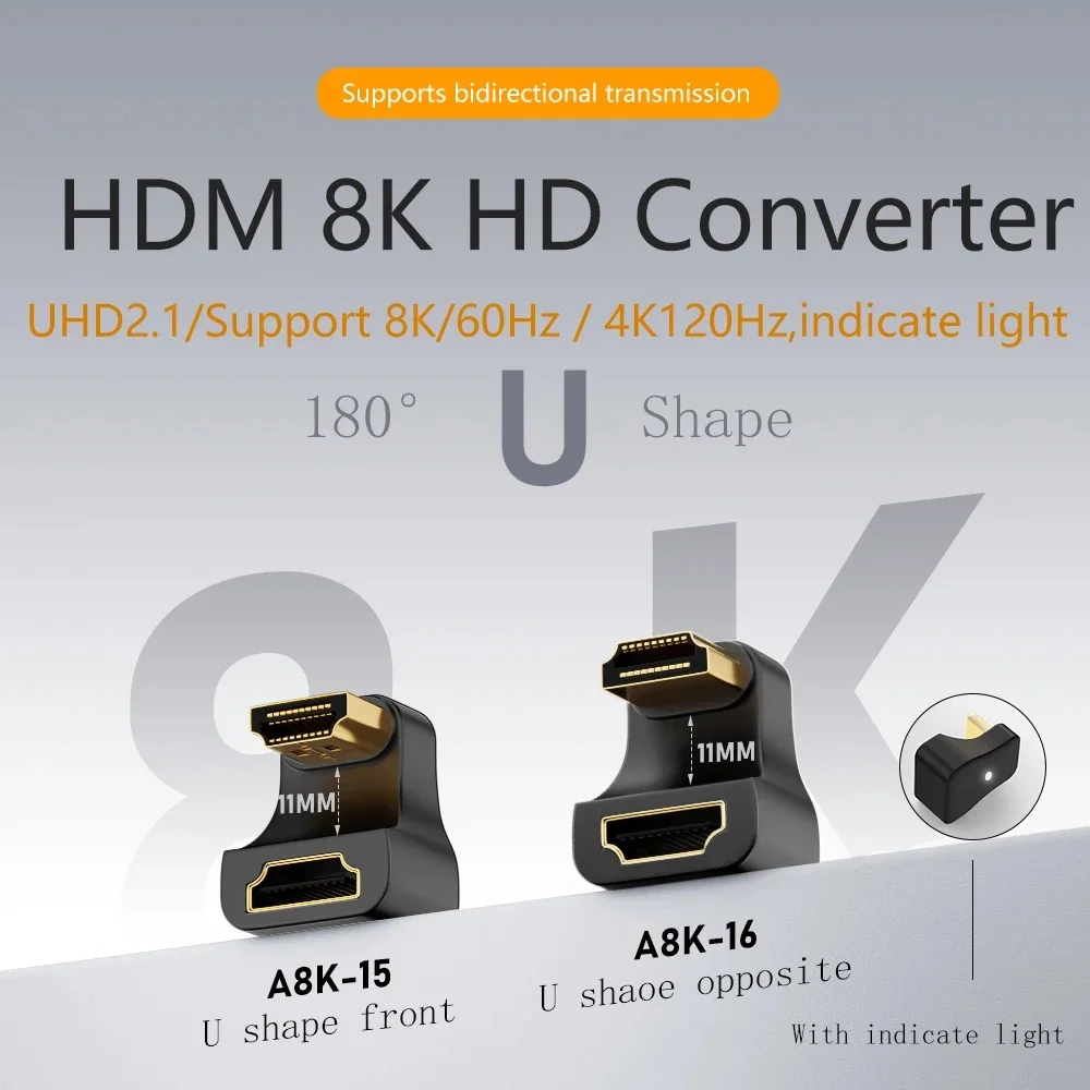 360 Degree U-Shape HDMI-Compatible Adapter HDTV 2.1 Male to Female 8K@60Hz Connector for Portable Display Accessories Adapter