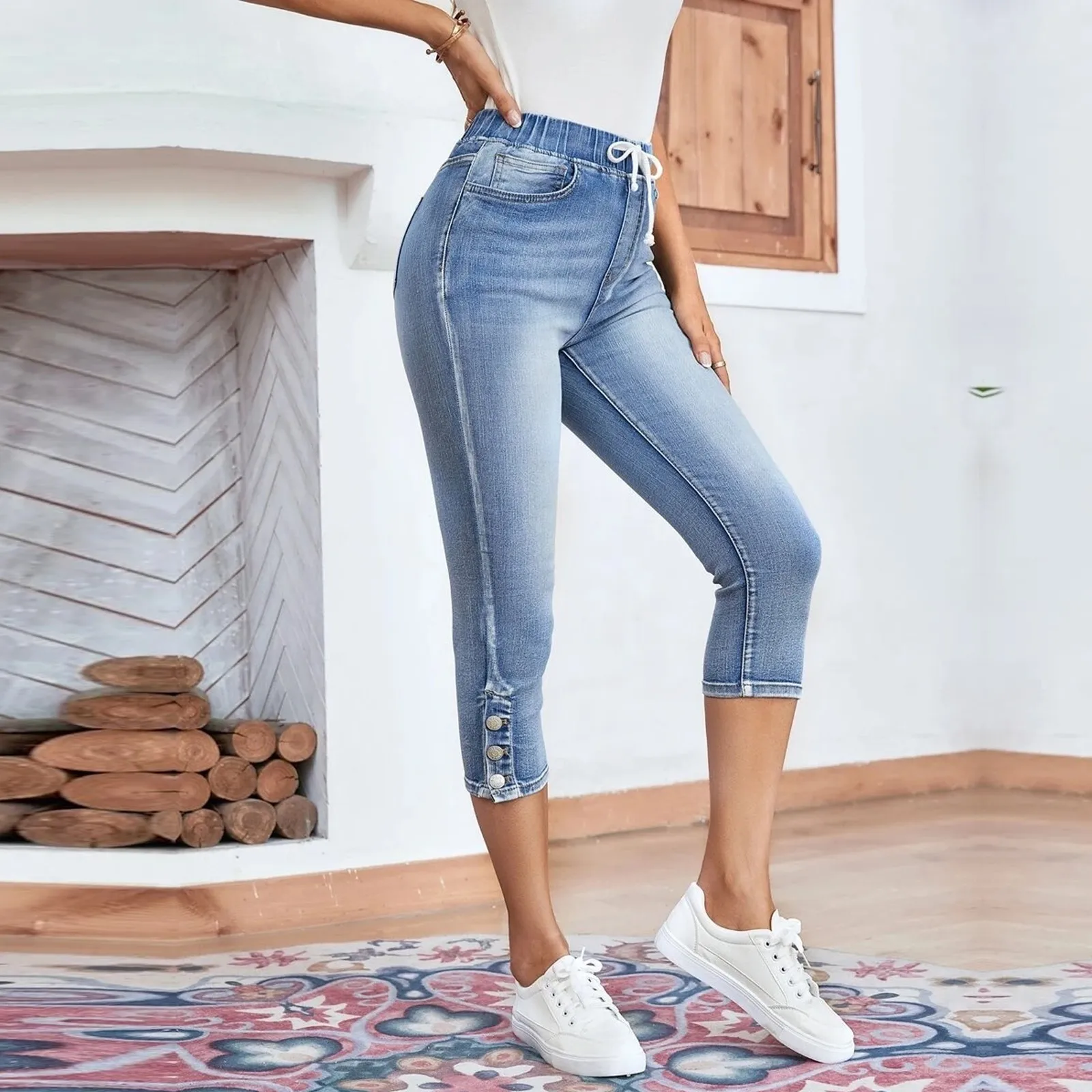 

High Waist Jeans Women Leggings Vintage Elastic High Waist Drawstring Pockets Denim Pants Calf Length Jeans Slim Fit Capris 2025
