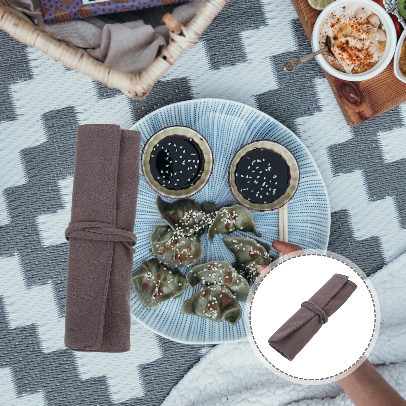 

Travel Cutlery Bag Simple Portable Tableware Organizer Reusable Cutlery Storage Pouch Wear-Resistant Linen Fabric Kitchen