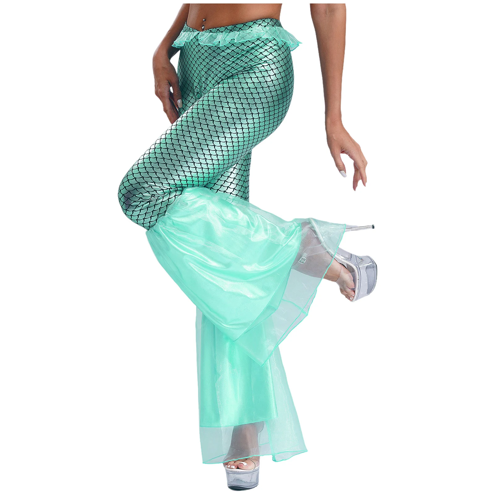 Womens Mermaid Cosplay Costume Metallic Shiny Fish Scale Print Pants Bell-Bottom Halloween Themed Party Role Play Fancy Dress Up