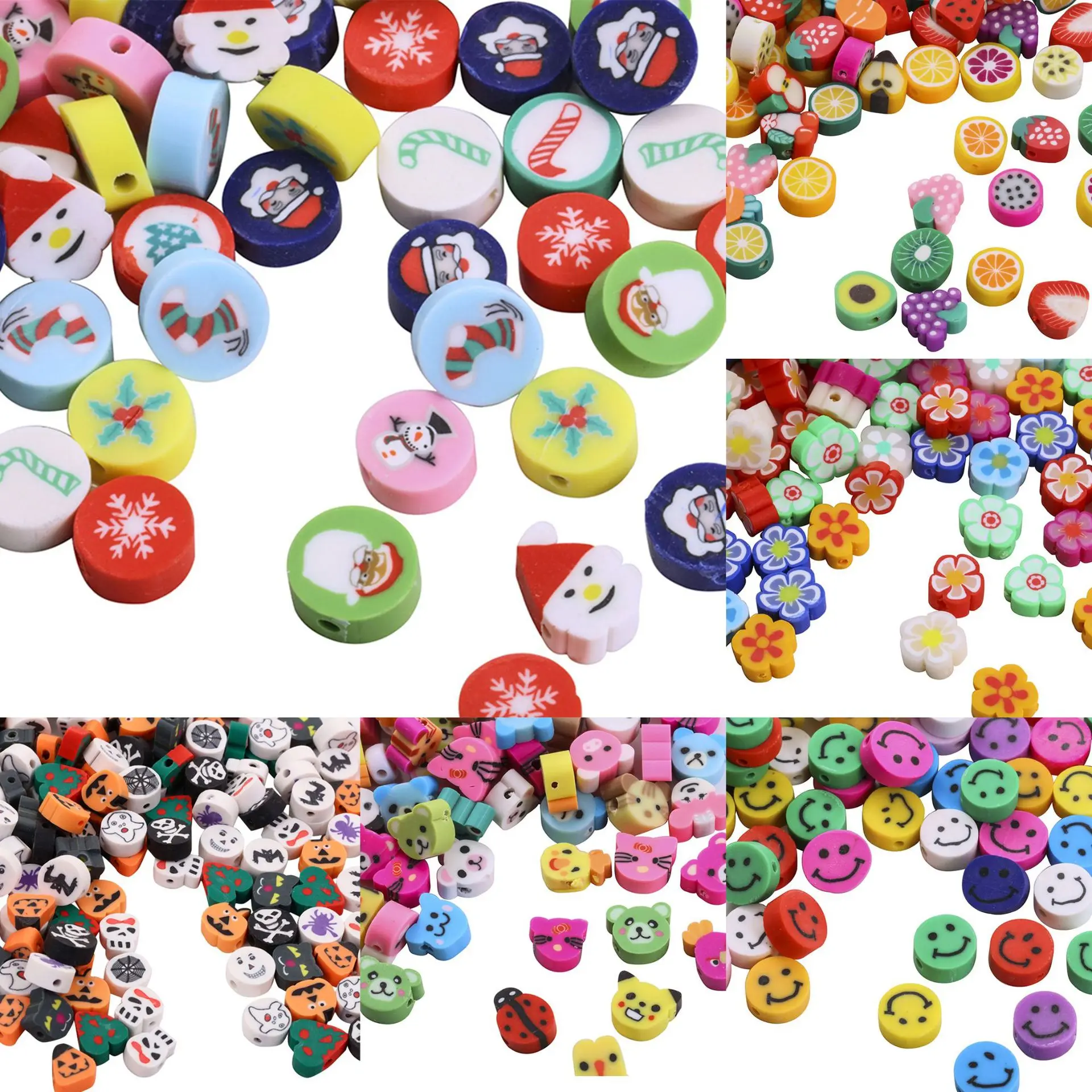 New 100pcs Christmas Snowman Beads Halloween Smiley Face Flowers Soft Pottery for Jewelry Making DIY Charms Bracelet Necklace