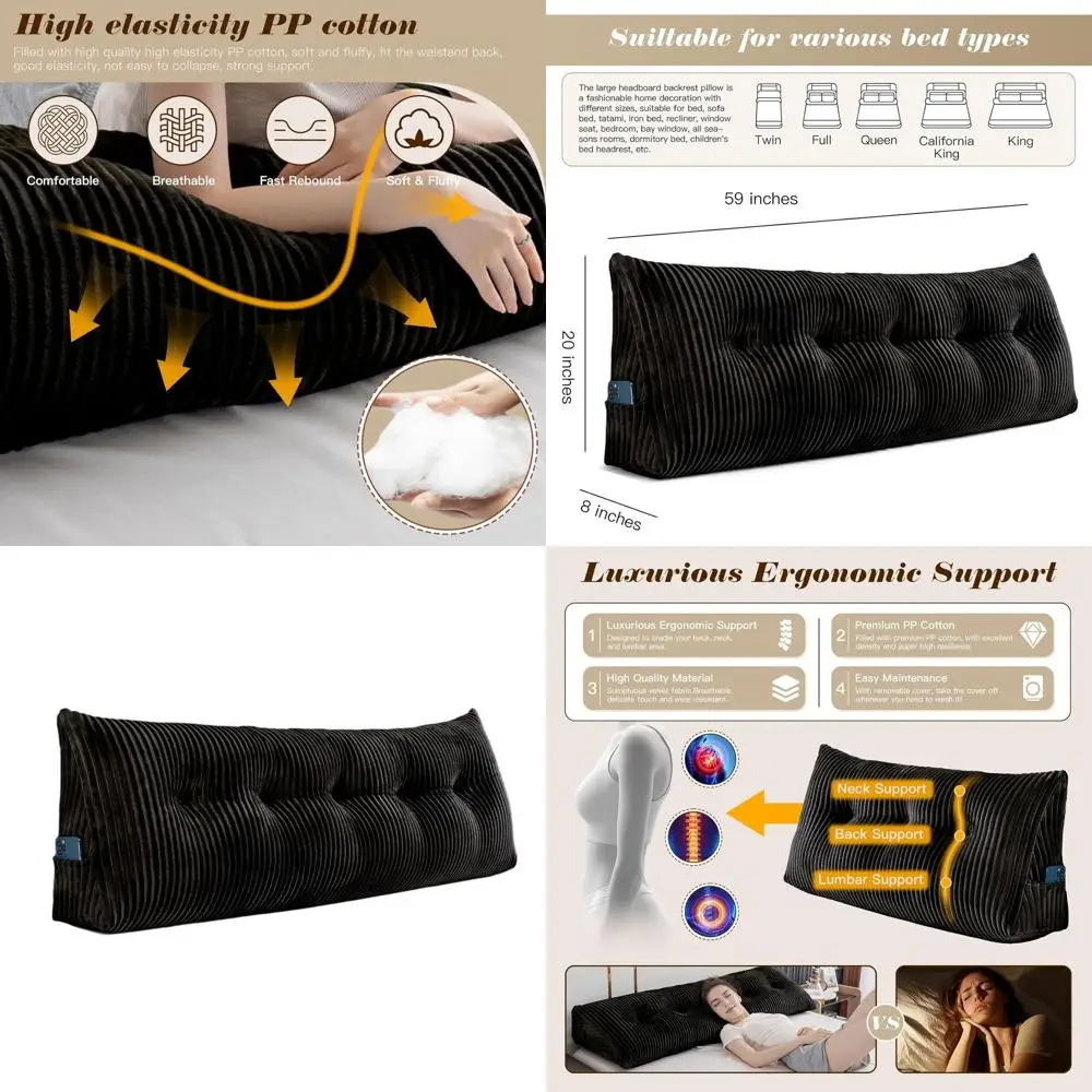 

Queen Size Triangular Wedge Pillow with Removable Cover for Bed Reading Support (59x8x20 Inches, Black)