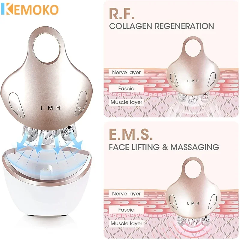 Face Lift Electric Massage 3D RF LED Promotes Cream Absorption 5 Light-colored Mode EMS Facial Massager with 4D Massage Head