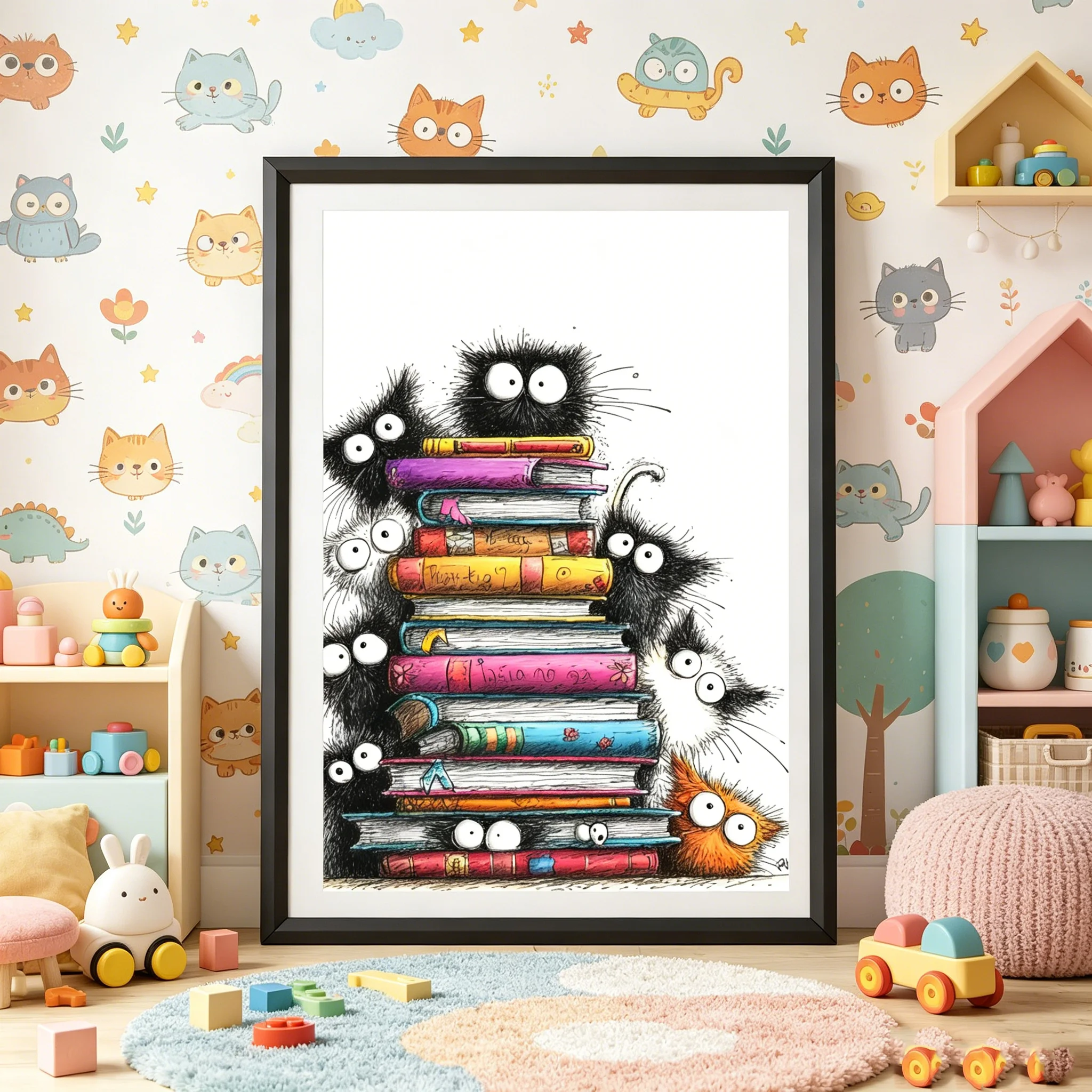 Kitten Print Illustration Peeking Cats On Books Wall Art Poster, Fun Cat Sketch Decor for Nursery, Kids Bedroom, Playroom