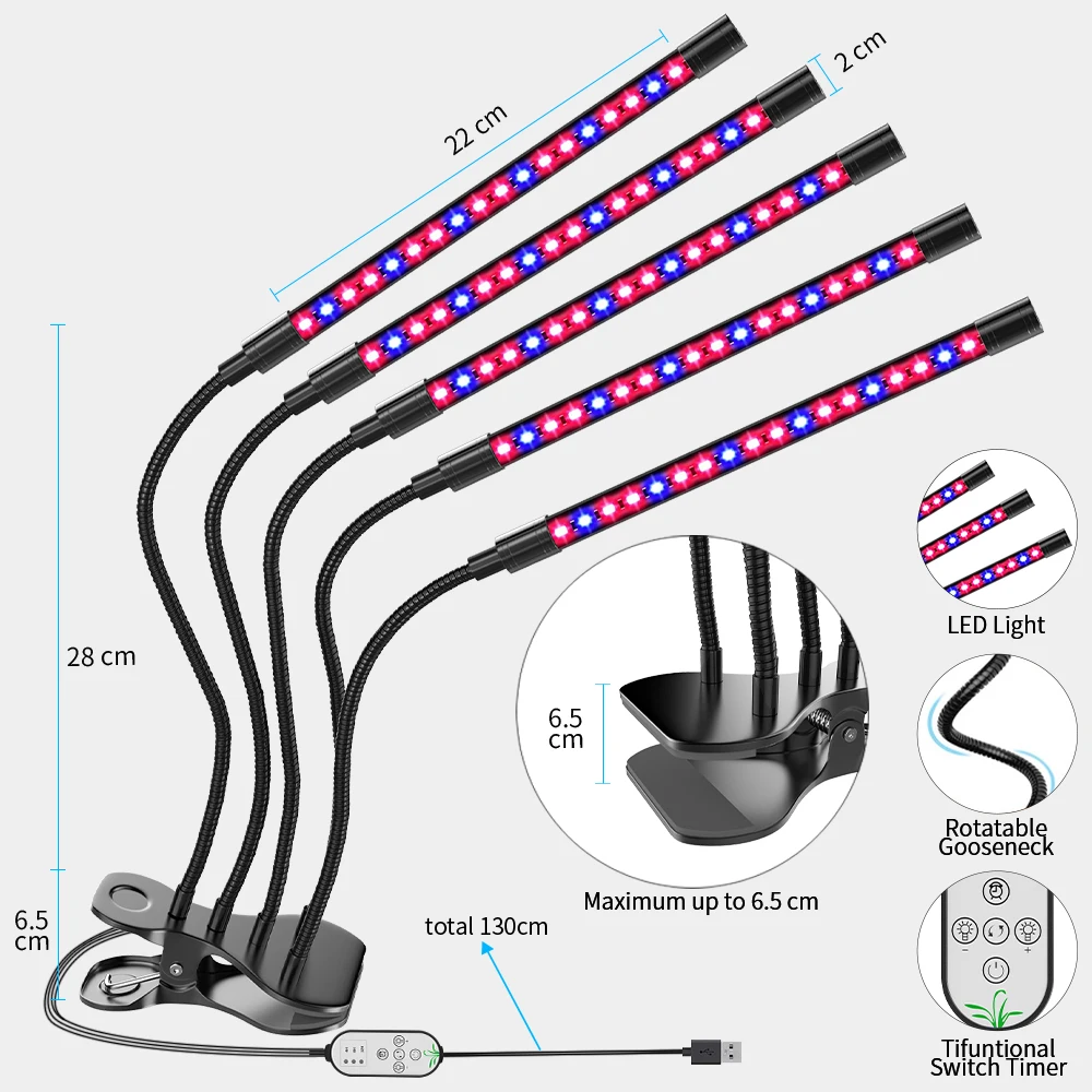 Lampe horticole de croissance LED, 5 têtes, USB, pour culture intérieure, serre, luminothérapie rouge