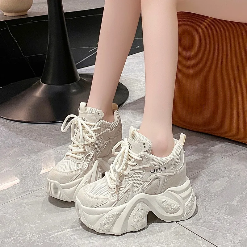 10CM New 2024 Spring Women Breathable Mesh Chunky Sneakers High Platform Casual Shoes Lace-up Summer Sports Leather Shoes Woman