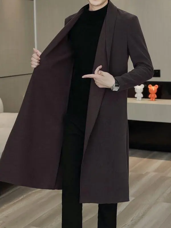 

Модное повседневное мужское шерстяное пальто в корейском стиле, удлиненное (ниже колена), приталенное, теплое, для повседневной носки, городской моды