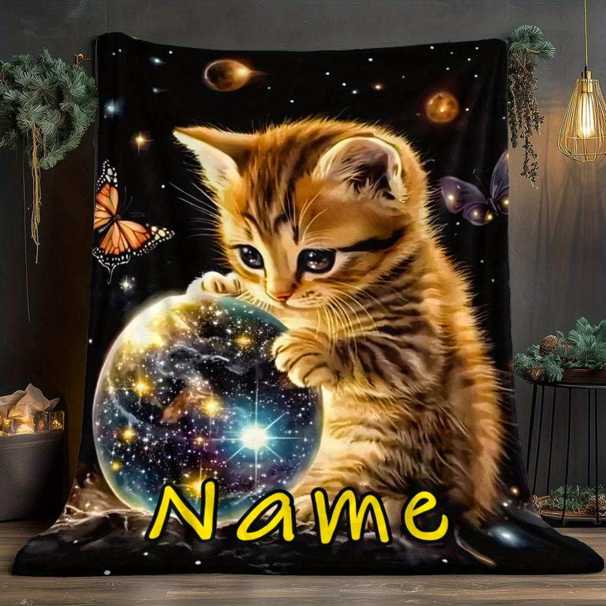 Custom Cat Blanket Cute Kitten Holding Galaxy Planet Stars Butterflies Design Personalized Name Fleece Throw All Season Soft