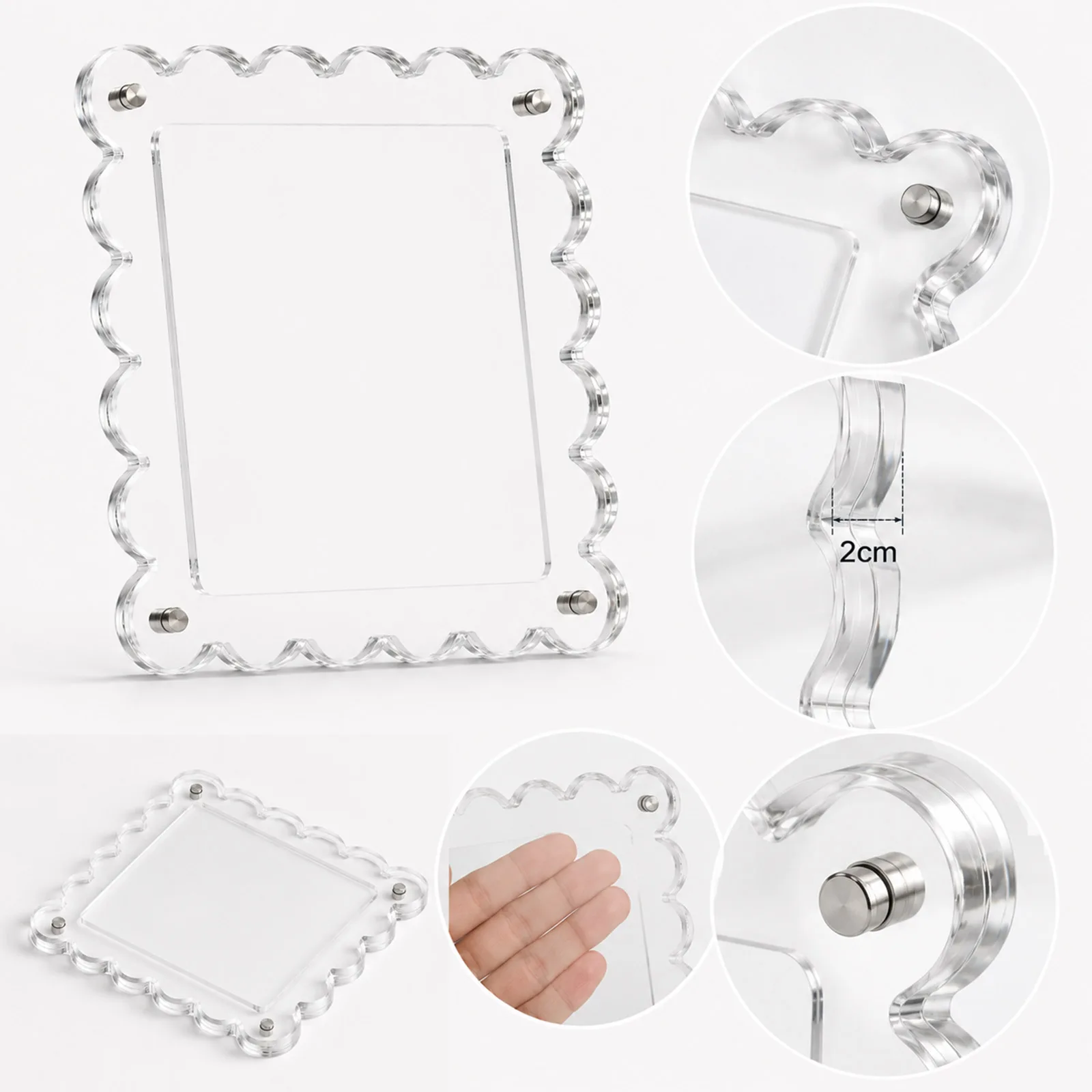 3 Pack Acrylic Picture Frame, Magnetic Picture Frames,Double Sided,Clear Photo Scalloped Frames Freestanding for Desktop Display