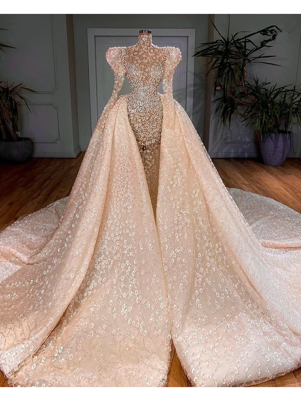 Perle sirena abiti da sposa maniche ad aletta collo alto abiti da sposa Appliques su misura treno staccabile Vestido de novia