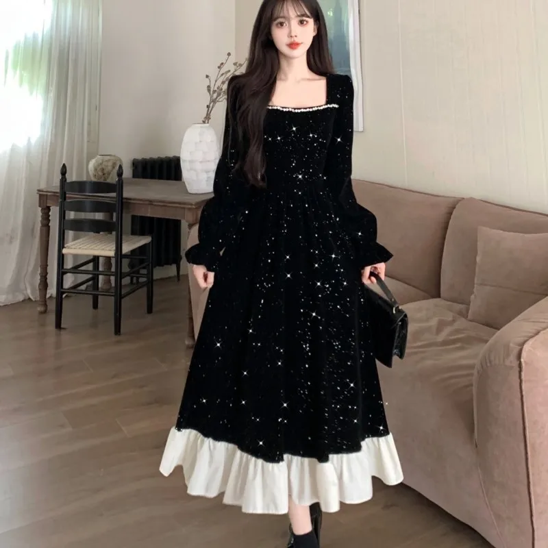 Autumn Shiny Velvet Midi Dresses for Women Long Sleeve Square Collar Oversize Ruffles Patchwork Christmas Party Dress Vestidos