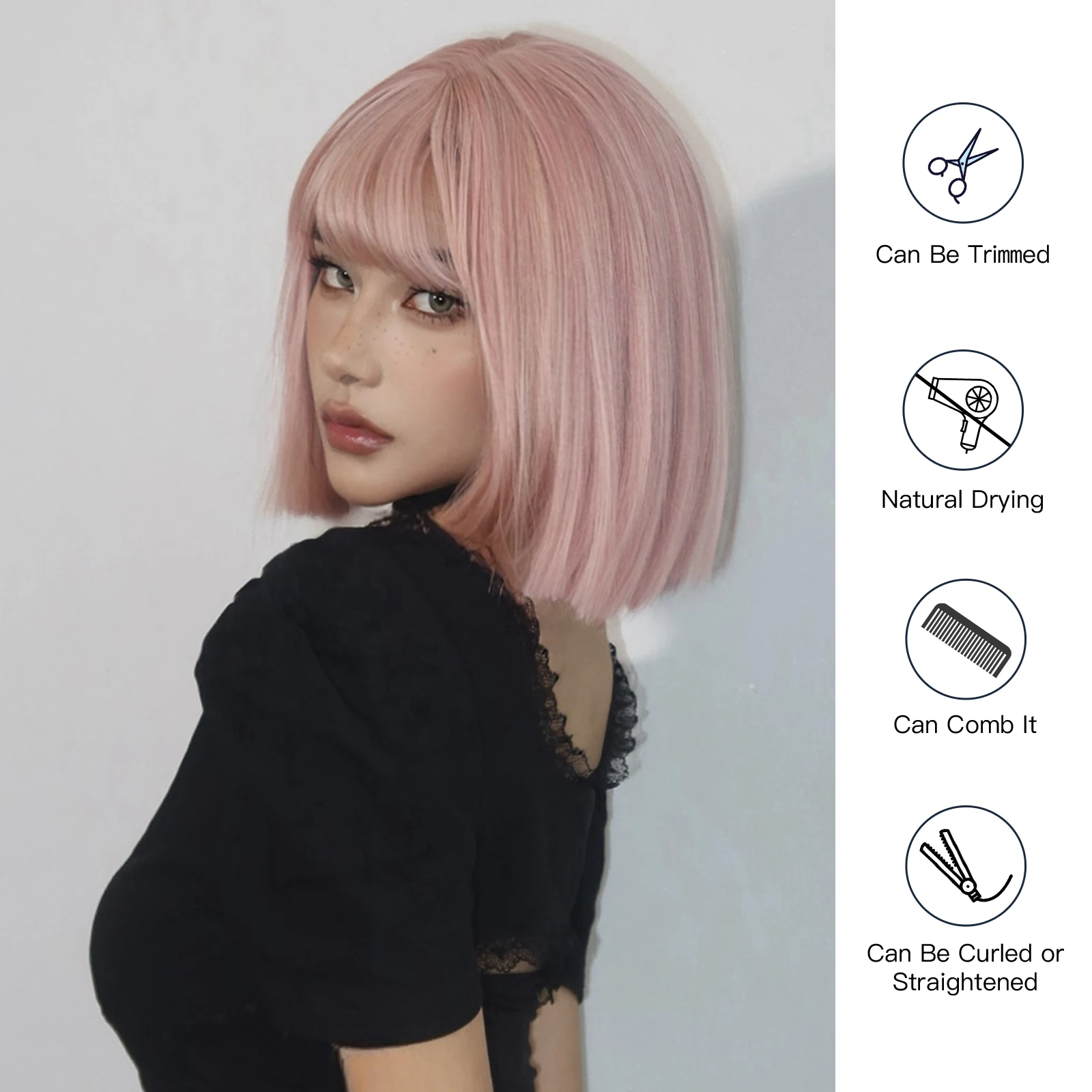 Szaro-różowe peruki syntetyczne Short Bob Cut Blunt Peruki z grzywką Cosplay Lolita Hair Peruka dla białych kobiet Odporne na ciepło Impreza