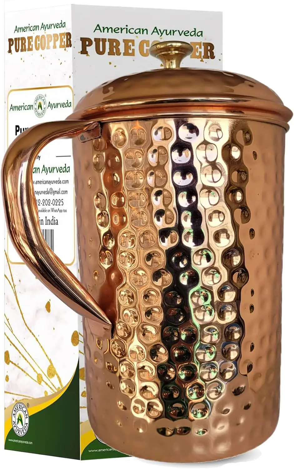Extra Large Hammered Pure Copper Pitcher Jug, Half Gallon (2.2 L) Capacity, 100% Pure Copper Construction, Includes Pure Copper Lid with Brass Knob