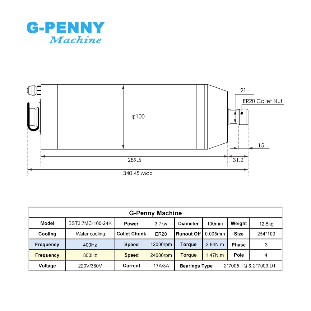 G-Penny 3.7kw Metal Working Spindle ER20 For Stainless Steel Copper Steel 800Hz 6000-12000rpm  Pole=4 Water Cooled Spindle Motor