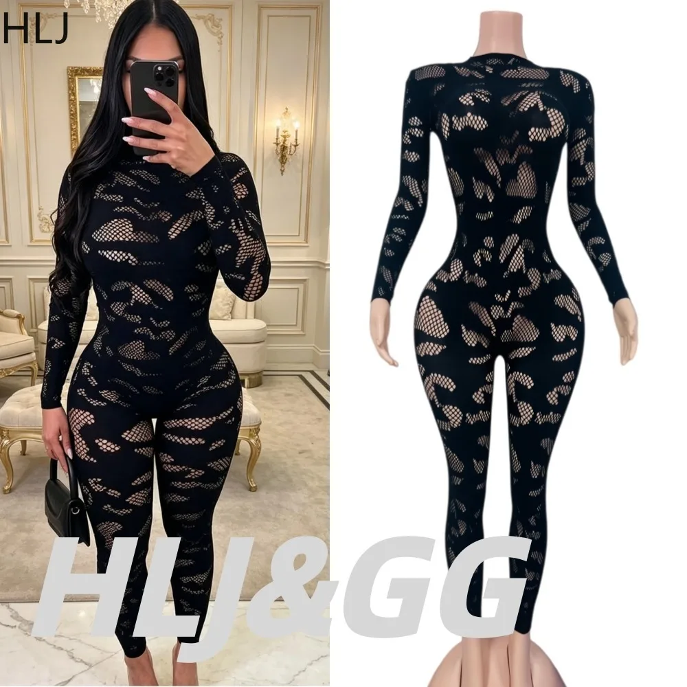 

HLJ Sexy Sheer Mesh Bodycon Jumpsuit for Women Camo Pattern Long Sleeve High Neck See-Through Catsuit Nightclub Party Streetwear