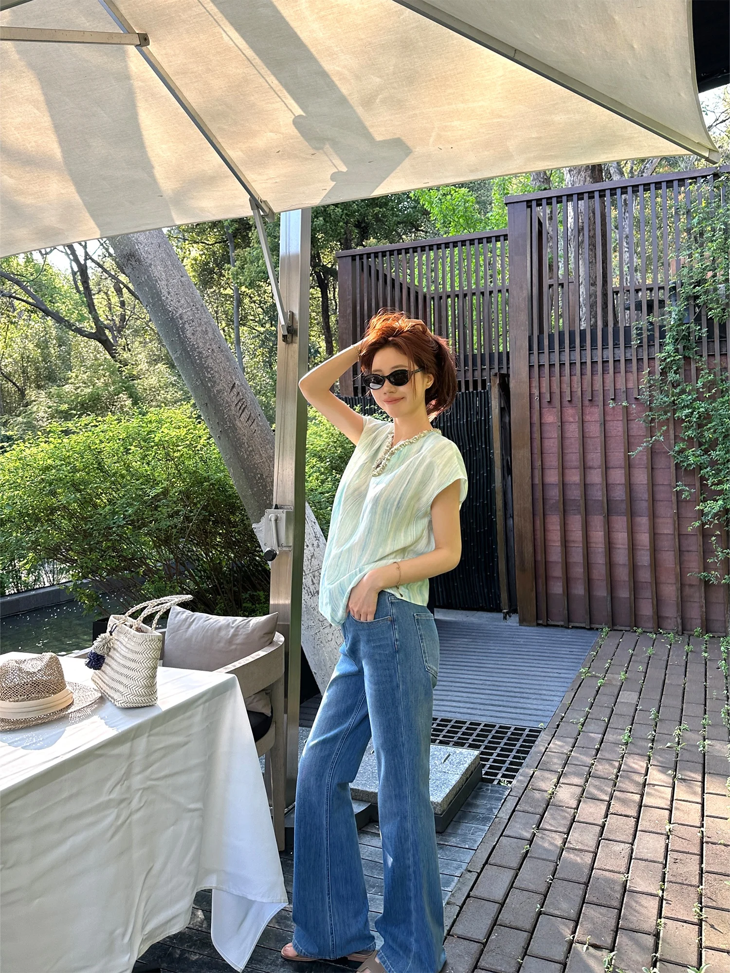 Summer New YANGLE2026 Women's T-shirt Gold Thread Embellished Short Sleeve Silk-Linen Blend Fly Sleeve Loose Fit Casual Top