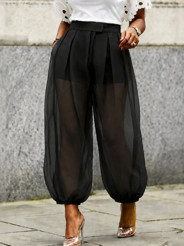 Women Mesh Perspective Long Pants High Waist Trousers Office Work Lady Full Length Autumn Bottoms Trousers Spring Summer