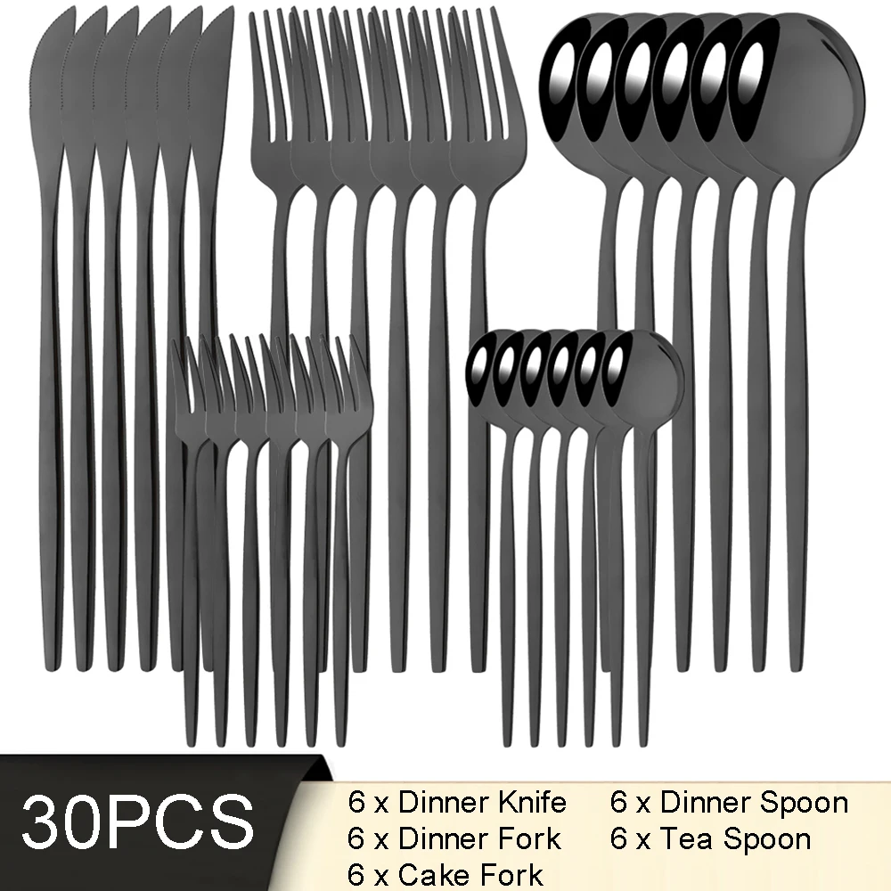 

30Pcs Black Dinnerware Set Knife Cake Fork Spoon Cutlery Set Stainless Steel Tableware Kitchen Flatware Silverware Drop Shipping