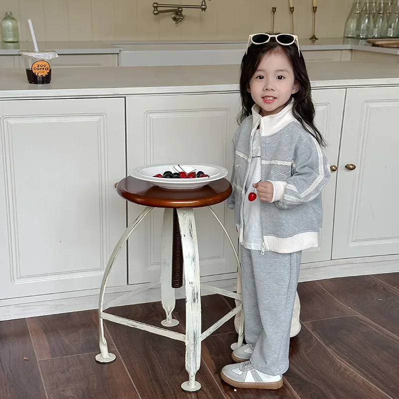 Childrens Sets Autumn 2024 Clothing Girl Long Sleeves Sweater Children Long Sleeves Cardigan Loose Coat Trousers Two Pieces