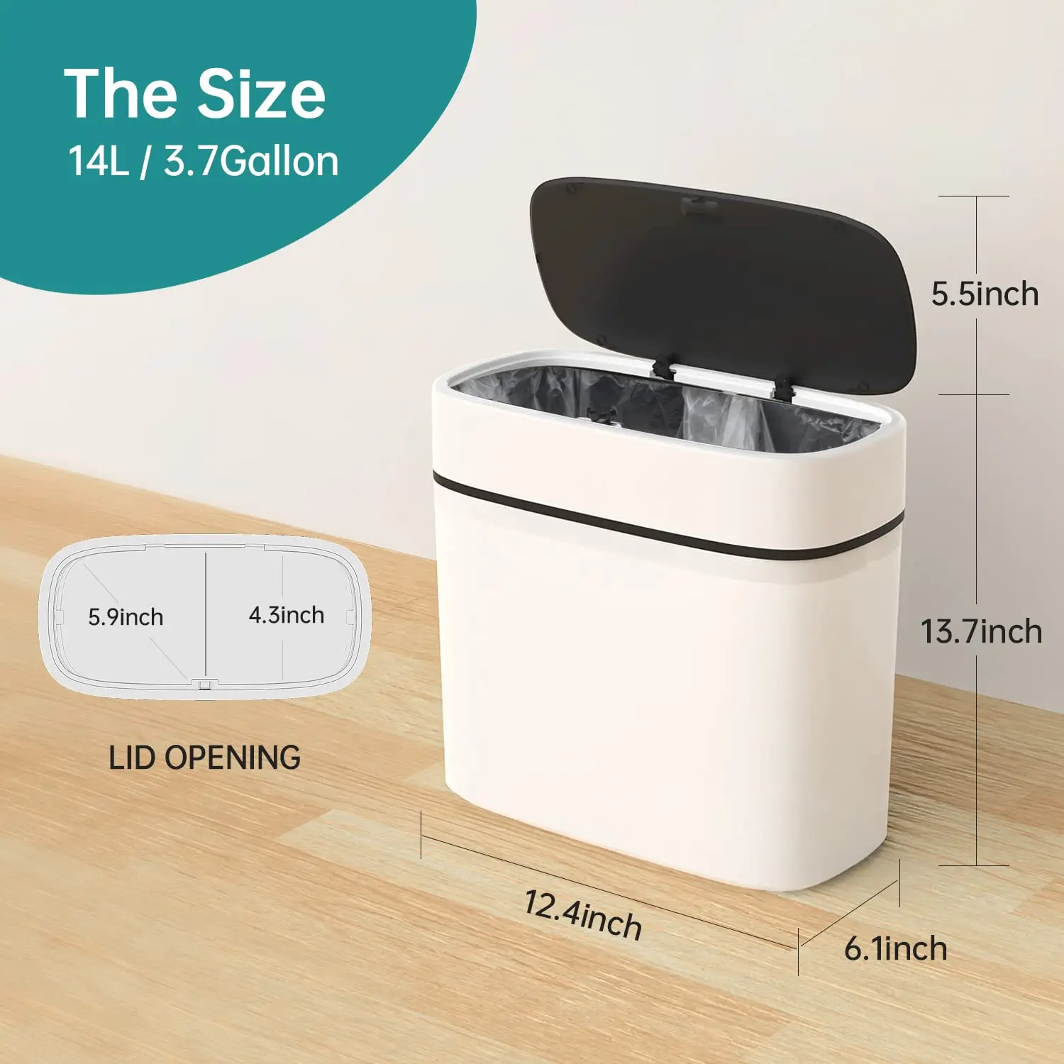 14 Litre Trash Can with Press Top Lid，Plastic Garbage Bin | Slim Wastebasket for Bathroom, Kitchen, Toilet, Office, Room,Bedroom