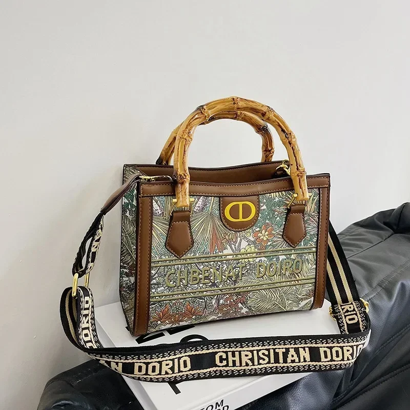 

Женская большая сумка с бамбуковой ручкой: кошелек через плечо с принтом и регулируемым ремешком, просторная сумка для работы/пляжа, парусиновый дорожный аксессуар