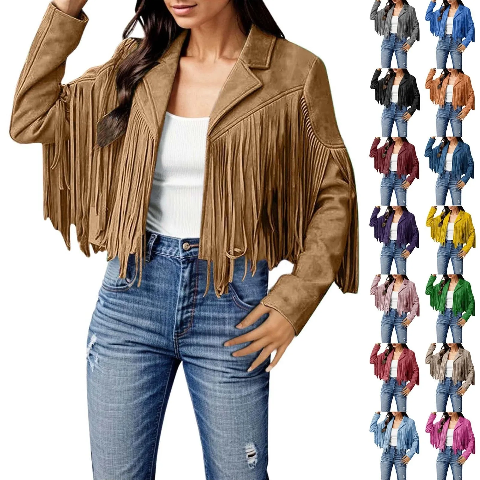 Women Y2k Fringed Hem Tassel Cardigan Crop Tops E-girl Motor Biker Jacket Suede Leather Jacket 90s Vintage Streetwear Coat Cool