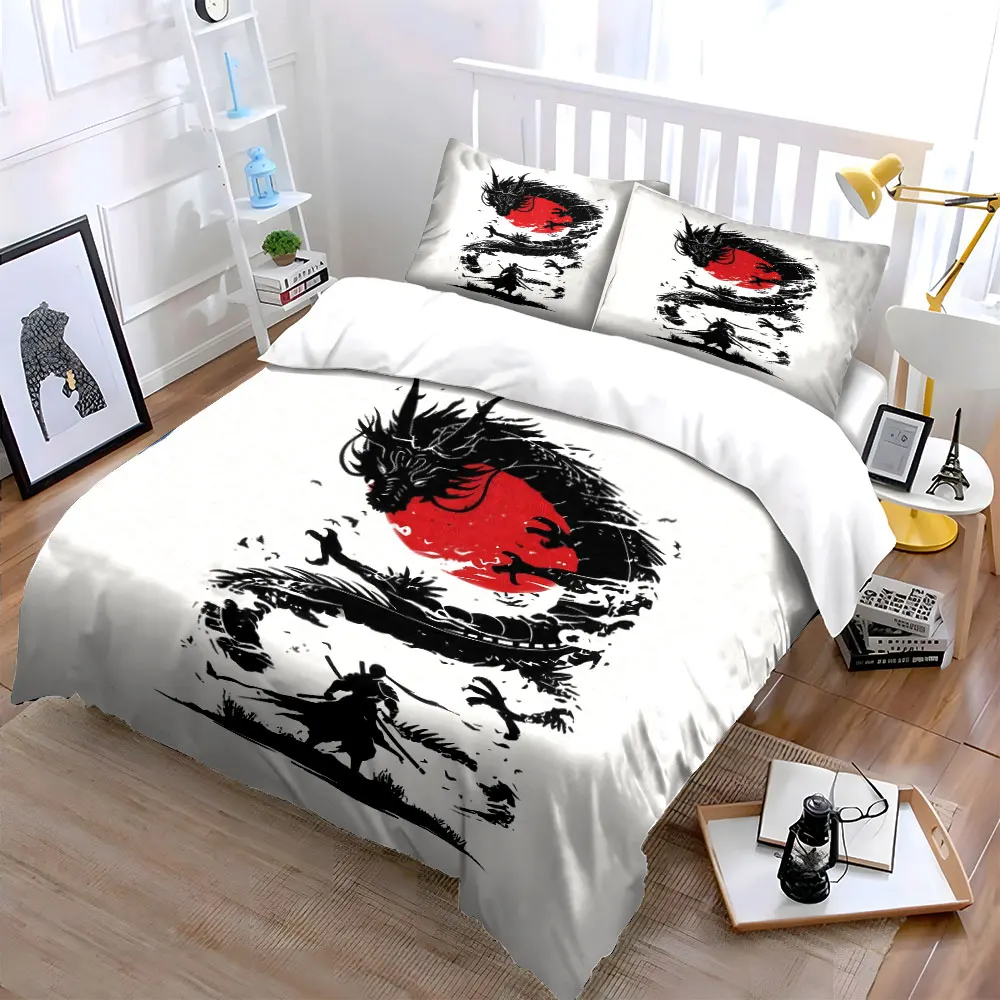 Samurai and Dragon with Red Sun Duvet Cover Set with 3D Printing Design Soft Polyester Bedding Set All-Season Comfort for gifts