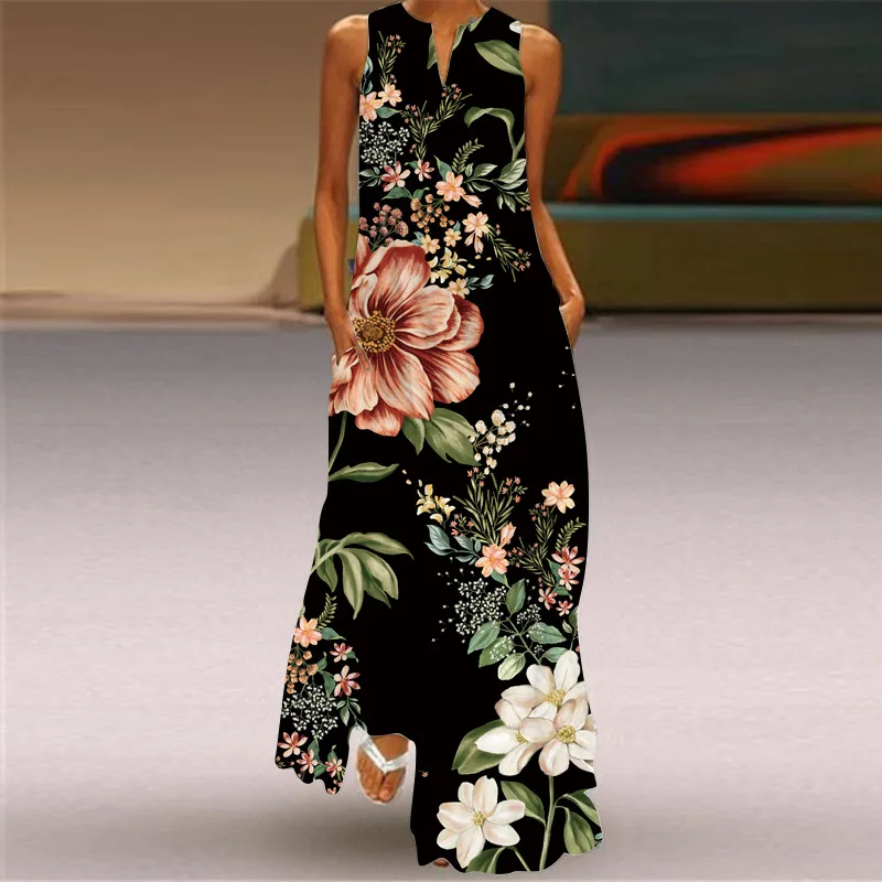 

Flower Printed Women's Casual Dress Sexy Sleeveless 2024 New V-neck Fashion Pocket Beach Dress Vestido Elegante Mujer Платья