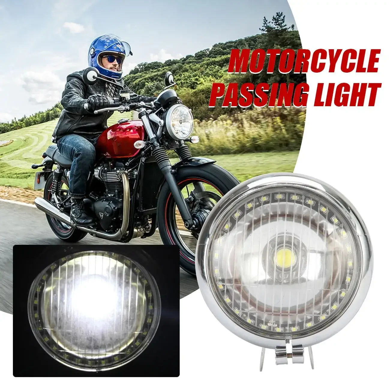 12V Universal Motorcycle Headlight LED Fog Passing Light with Angel Eye Chrome Spot Fog Lamp White For cruisers/bobbers/choppers