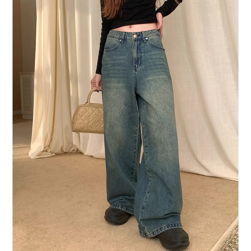 

High Waisted Blue Women's Jeans Fashion Y2K Streetwear Casual Vintage Baggy Straight 2024 NEW Denim Trouser Mom Wide Leg Pants