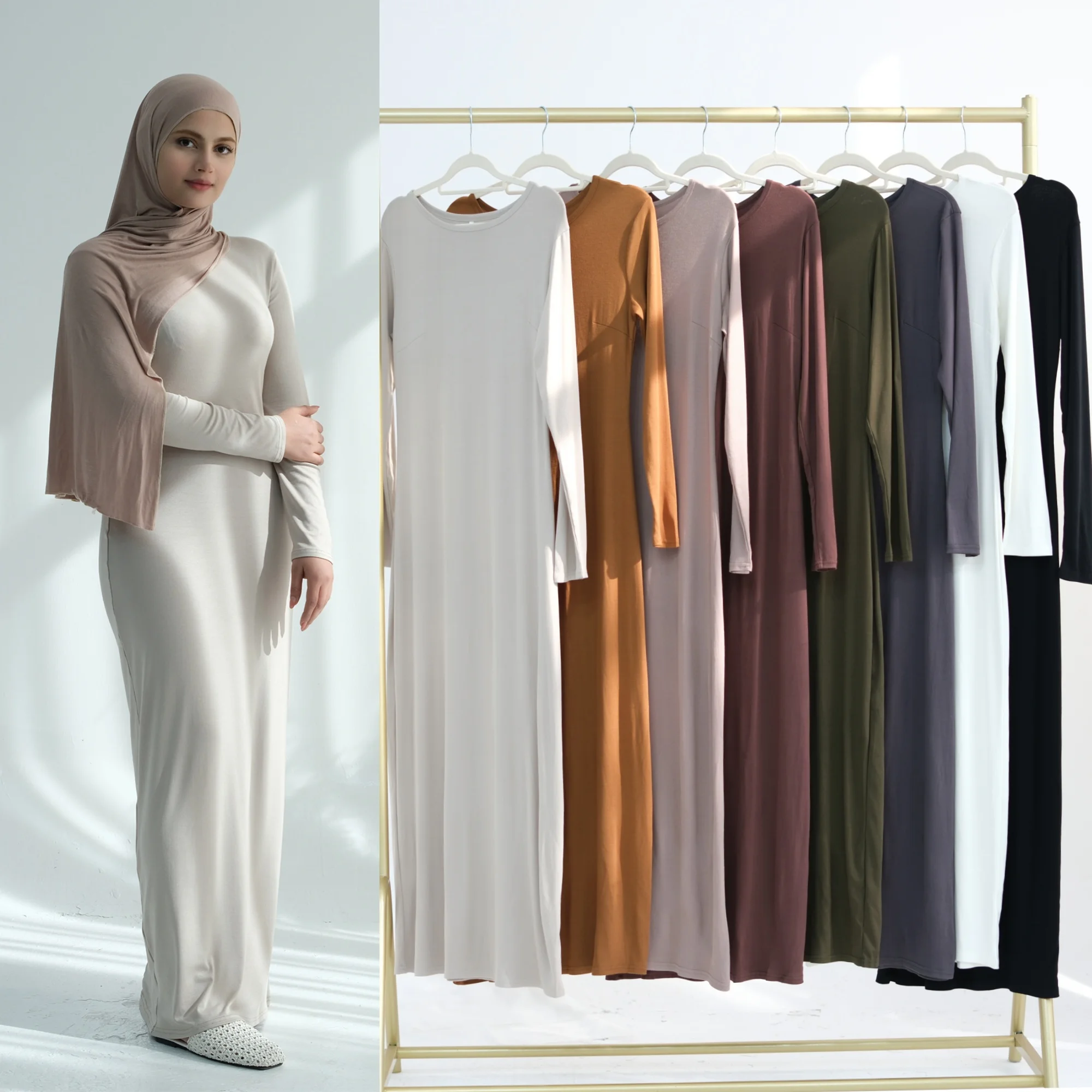 

Premium Stretchy Cotton Jersey Abaya Muslim Women Abaya Inner Dress Comfortable Long Sleeve Women Slip Dress Islamic Clothing