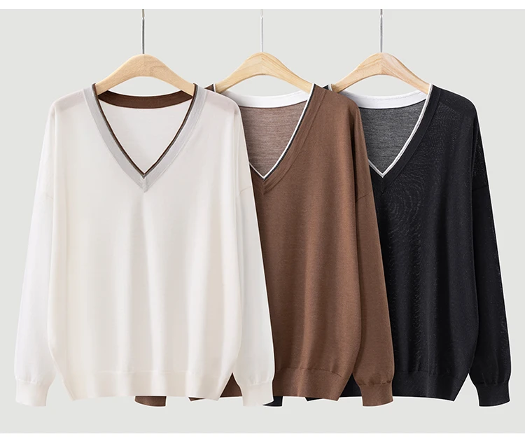 BD3621781 Damen 100% Wolle Oversized V-Ausschnitt Pullover Langarm Kontrastbesatz V-Form Kette Zweifarbig Entspannter Luxus Herbst – Detail 13