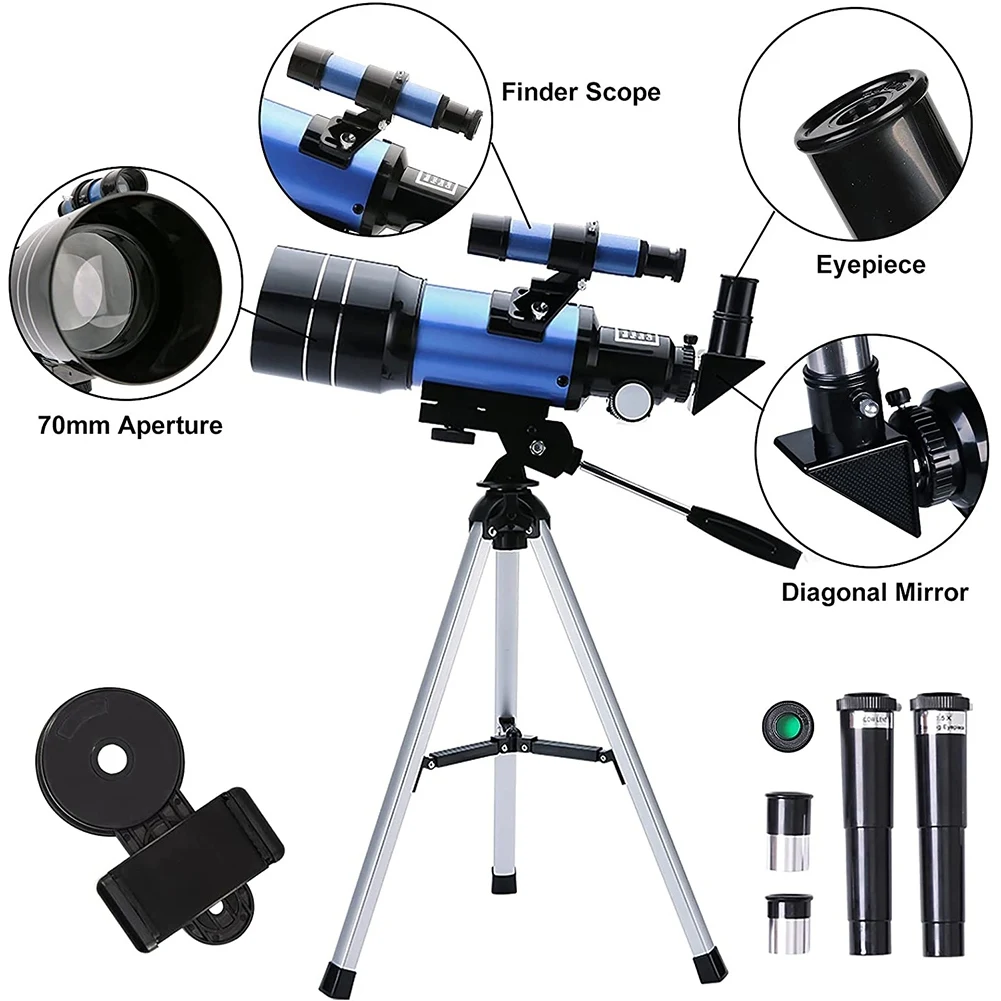 Teleskop dla dorosłych i dzieci, przenośne teleskopy refraktora 70mm (15X-150X) dla początkujących, teleskop podróżny 300mm