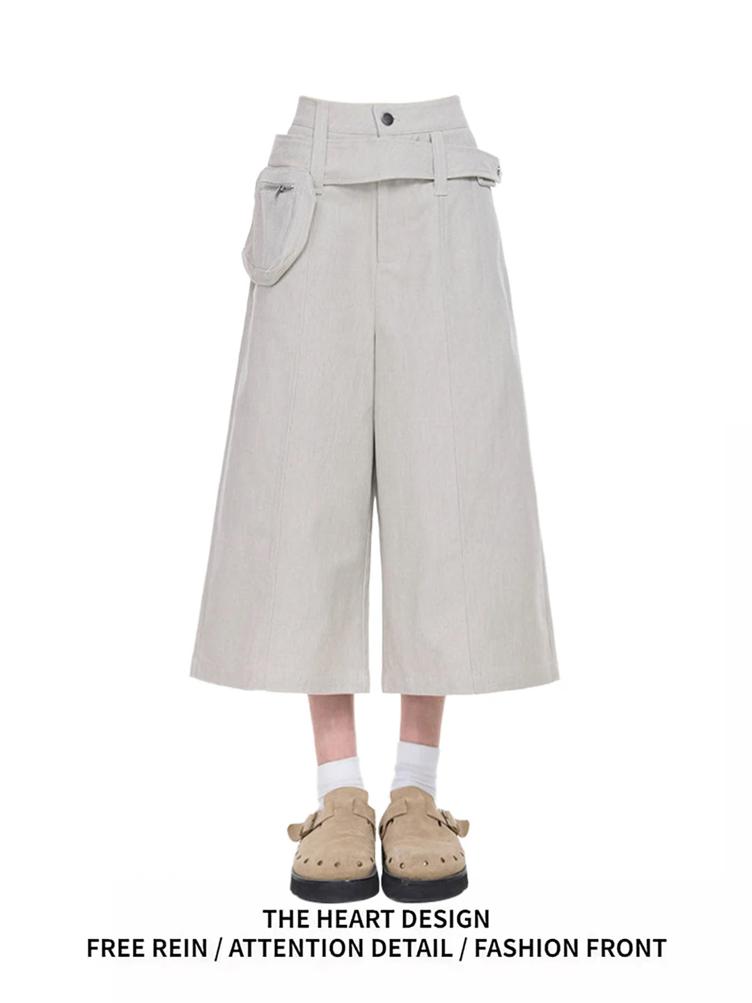 

American Retro Oatmeal Workwear Seven-Foot Women's Pants Summer Wide Leg Casual Shorts High Waist Straight Leg Polyester Fiber