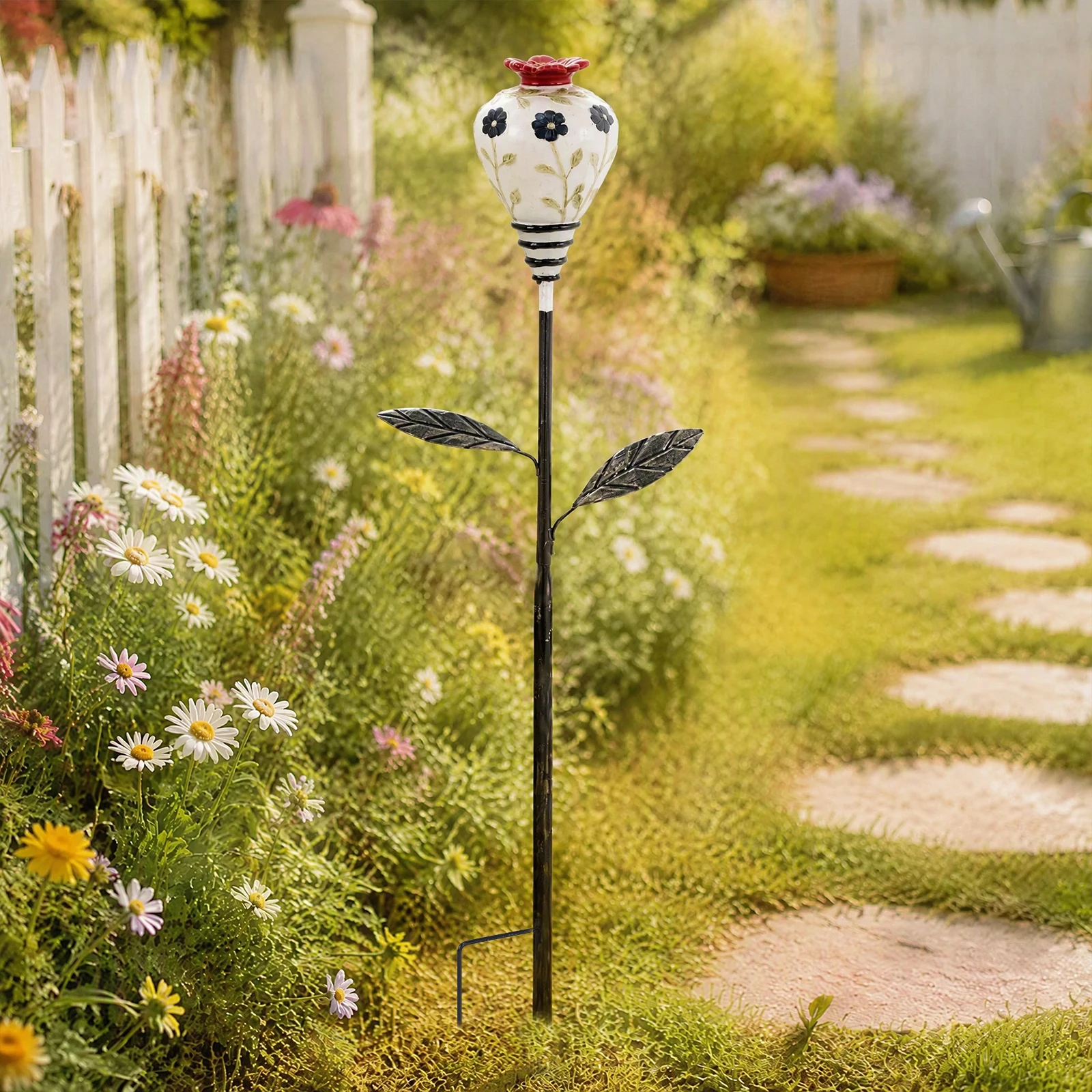 Hummingbird Feeder Vintage Metal Flower Design Garden Stake Bee Watering Station Rustic Farmhouse Outdoor Decor