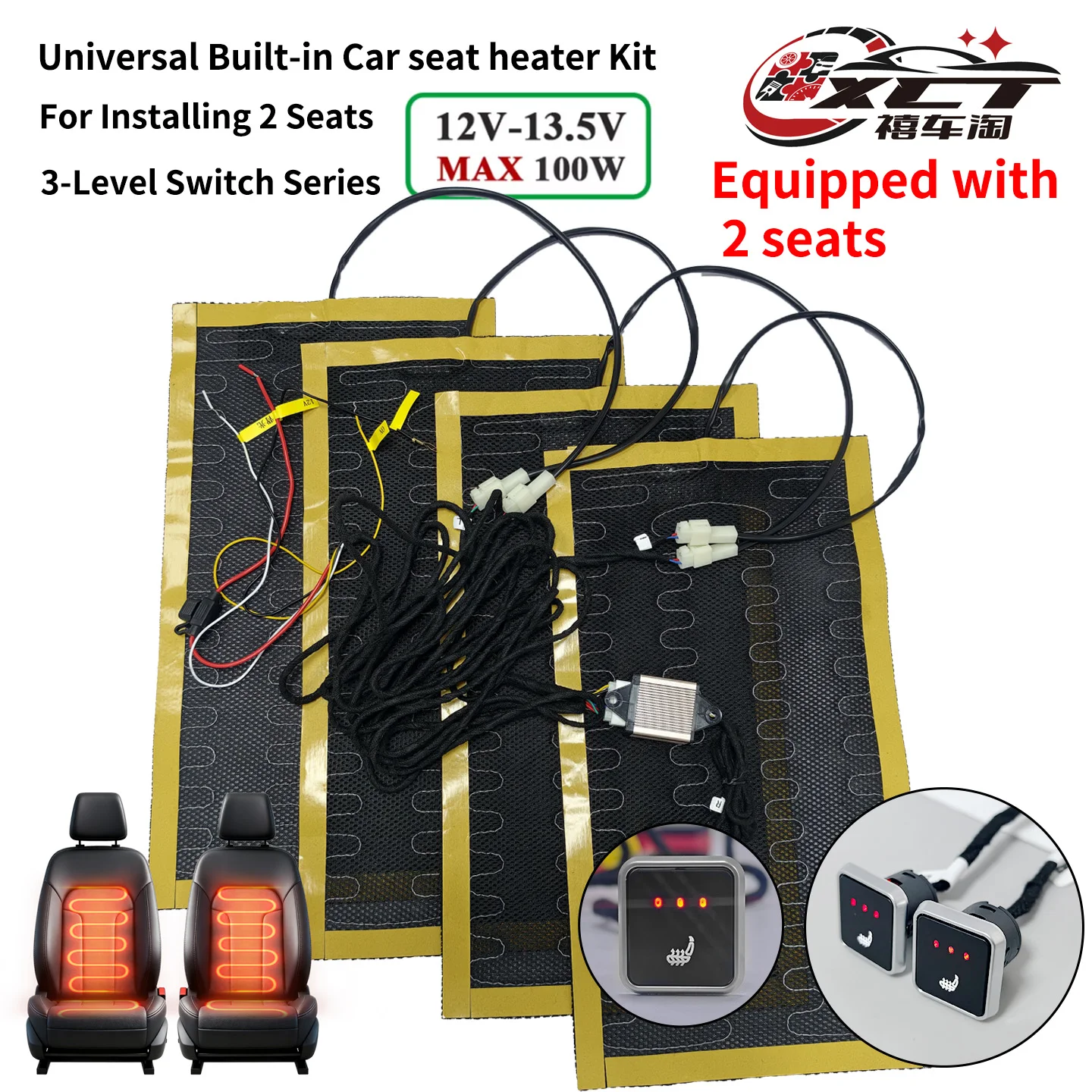 Universal Built-in Car Seat Heater Kit 12V Alloy Wire Heating Pads 2 Seats Square Dual Control Switch Fast Heating