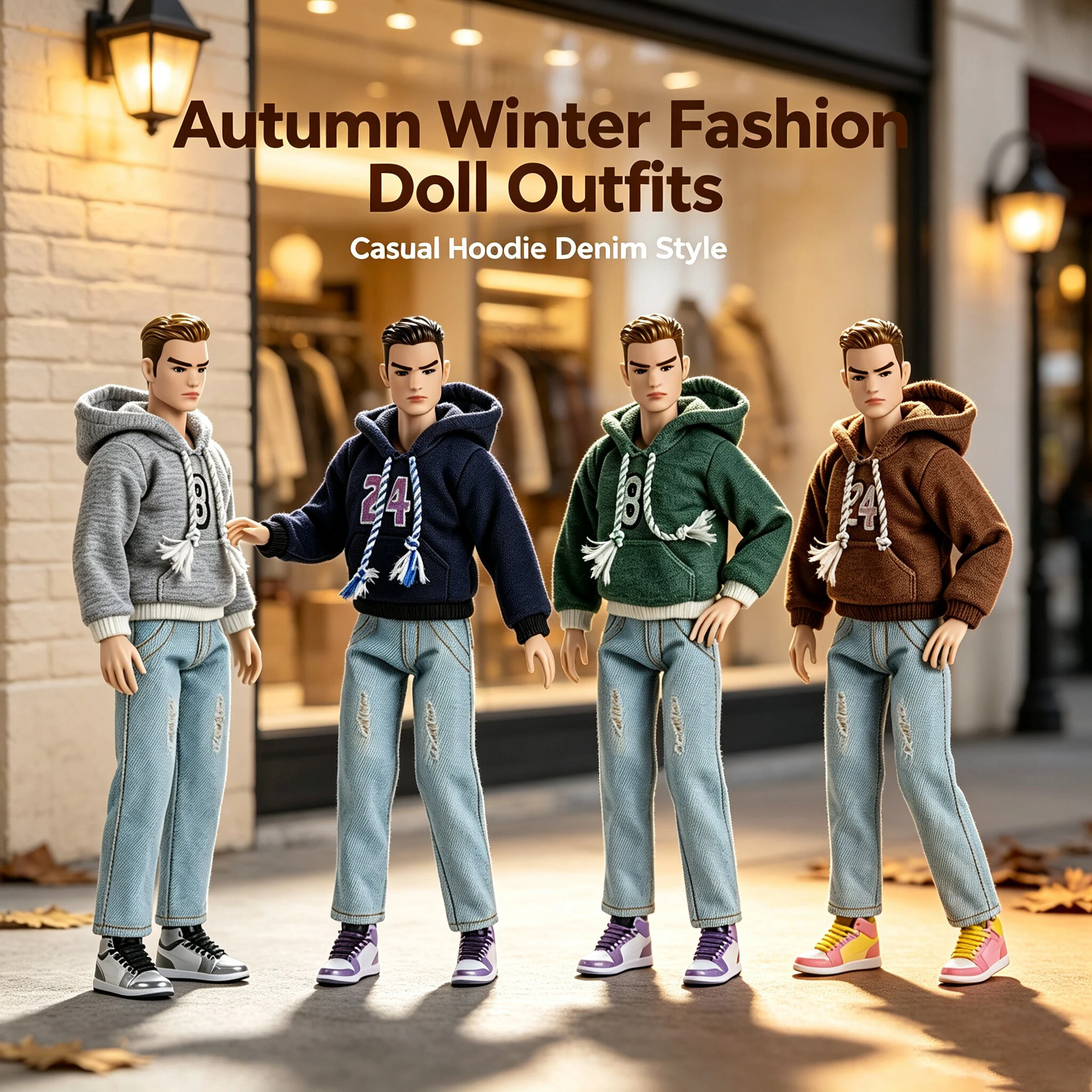 1/6 Muscle Man Supermodel Doll 35cm Joints Movable KEN Action Figure Fashion Sports Casual Hoodie Ripped Denim Jeans+Doll Set