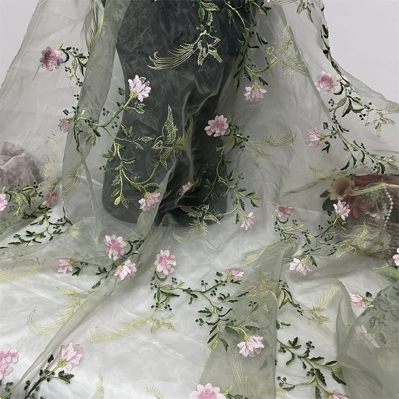 1 Yards Sheer Organza Embroidery Organza Fabric in Dusty Green Embroidery Pink flowers For Puff sleeves Bow-knot, photography