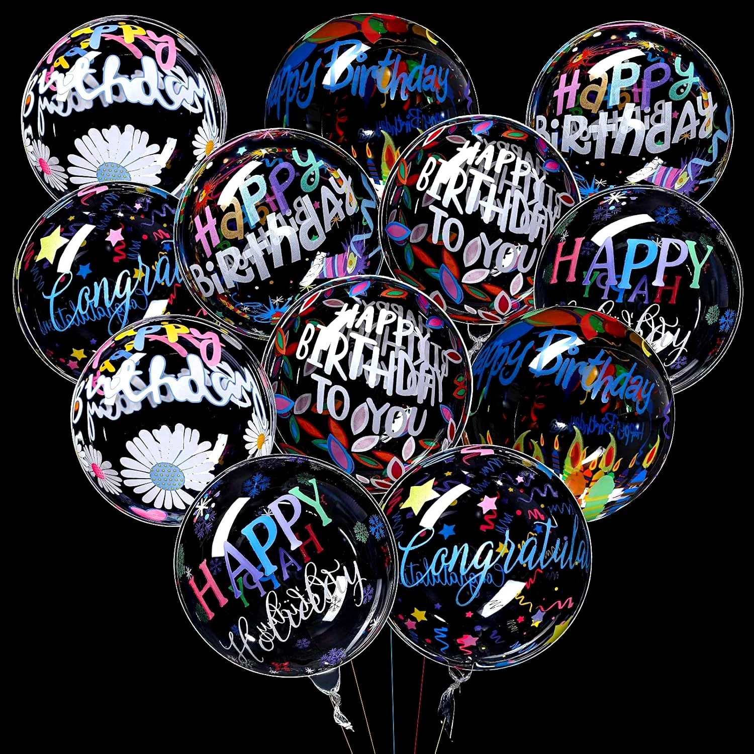 12Pcs 20 Inch Transparent Bubble Balloons 6 Styles Colorful 4D Clear Round Balloons Happy Birthday Wedding Party Decorations