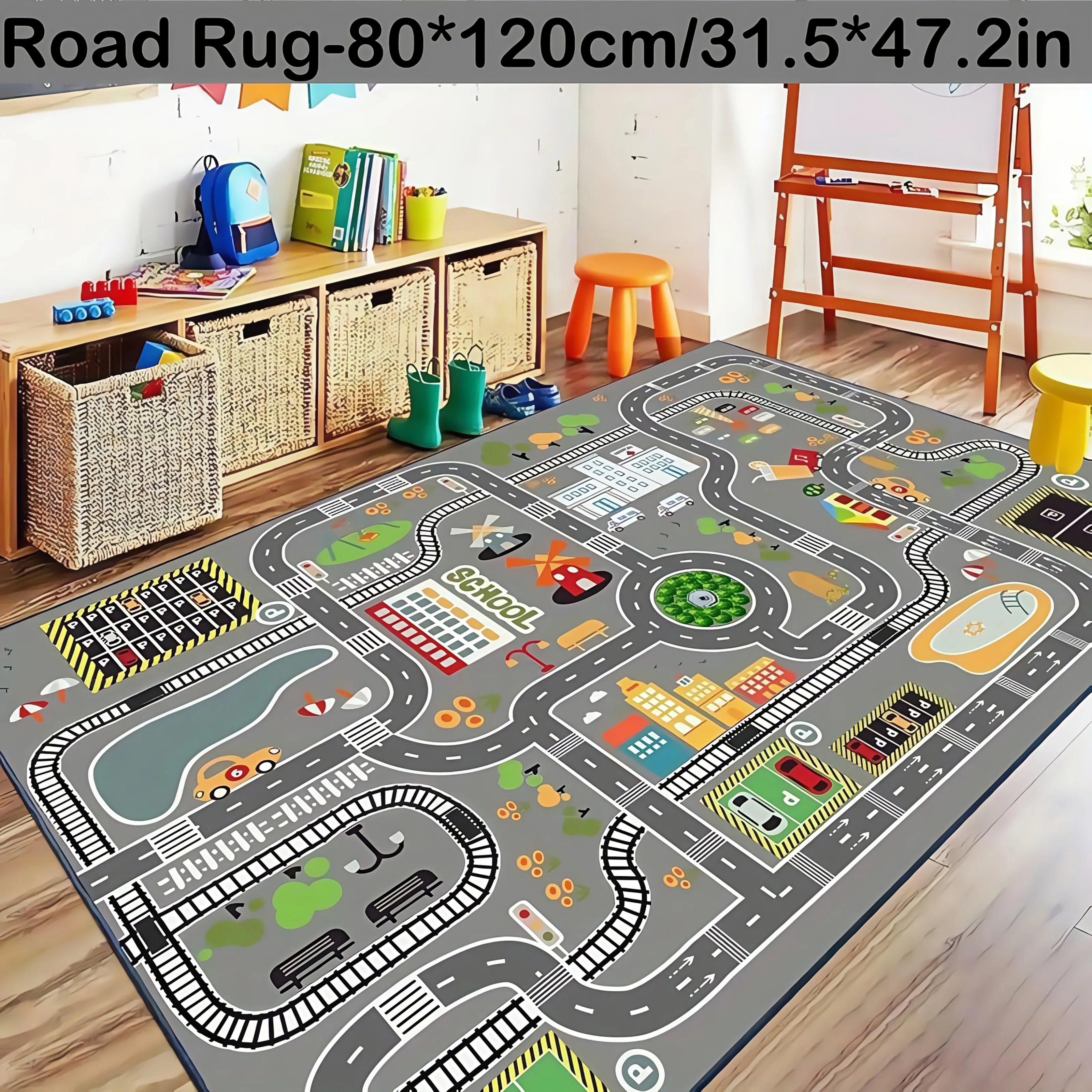 VIKAMA Car Game Mat Playful Cityscape Playmat Large Area Rug with Vibrant Roads, Buildings, and Cartoon Print Design Home Decor