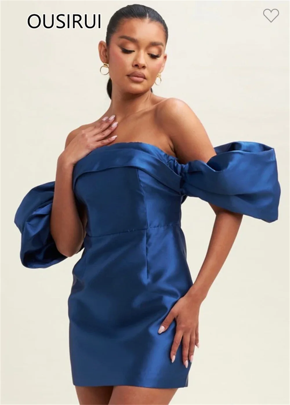 OUSIRUI 2024 New Boat Collar Satin Solid Prom Party Dress Short Mini Sheath Prom Gown with Detachable Puff Sleeve vestidos de