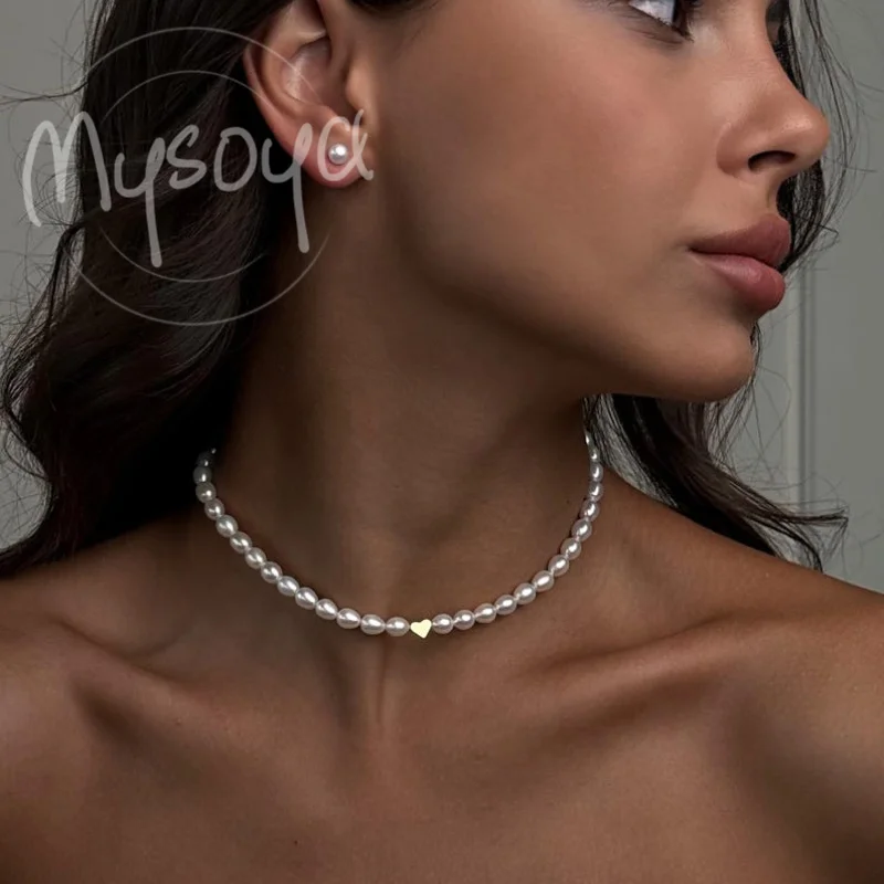 

MYSOYA 4-5mm Natural Rice Baroque Freshwater Pearl Necklace For Women Men With Gift Box Suitable For Birthday Wedding Jewelry