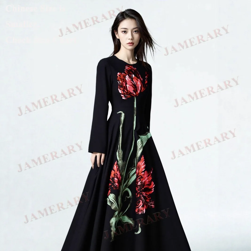 Elegant Autumn Winter Long Sleeve Maxi Floral Dresses Women Muslims Fashion Print Evening Prom Dress Lady Casual Midi Vestidos