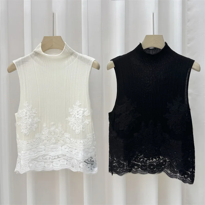 

Women's sweater New elastic knitted slim sleeveless top for summer 2026 Lace patchwork half high neck pullover wool blend tops