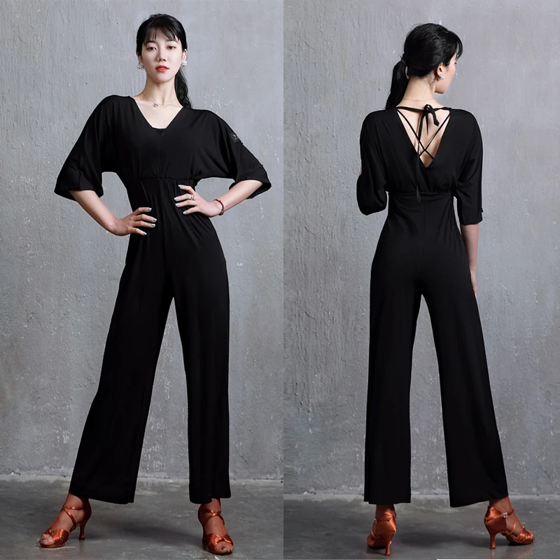 

New Black Latin Dance Jumpsuit Women's High Waist Slim Beautiful Back Ballroom Dance Practice Pants Line Dance Costume VBH374