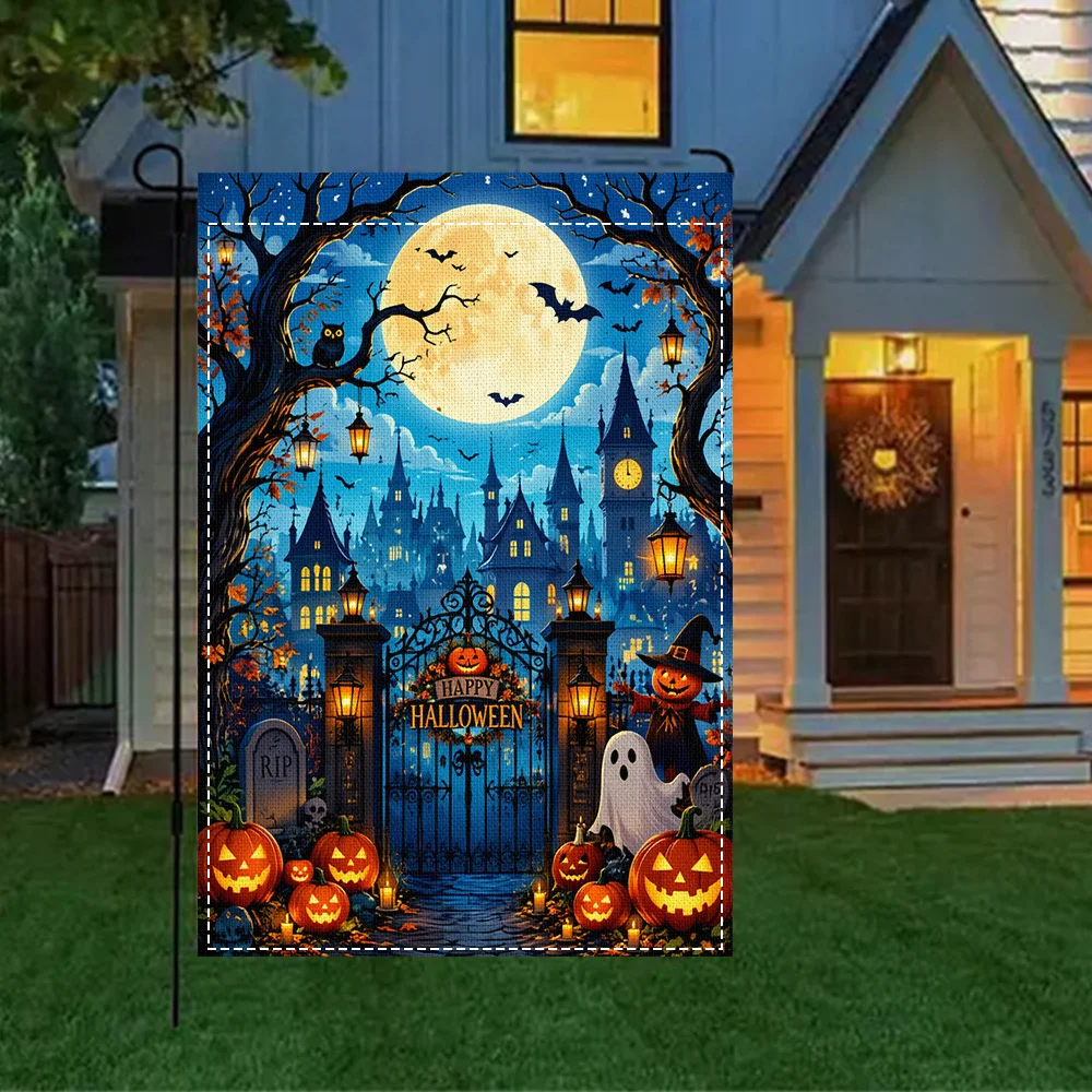 1pc Halloween Spooky Castle Garden Flag, double sided print, perfect for patio and outdoor holiday decorations (pole not include
