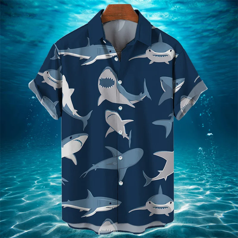 3D Animal Shark Print Hawaiian Shirt Men's Summer Casual Shirt Fashion Short Sleeved Sea World Loose Street Blouse Clothes